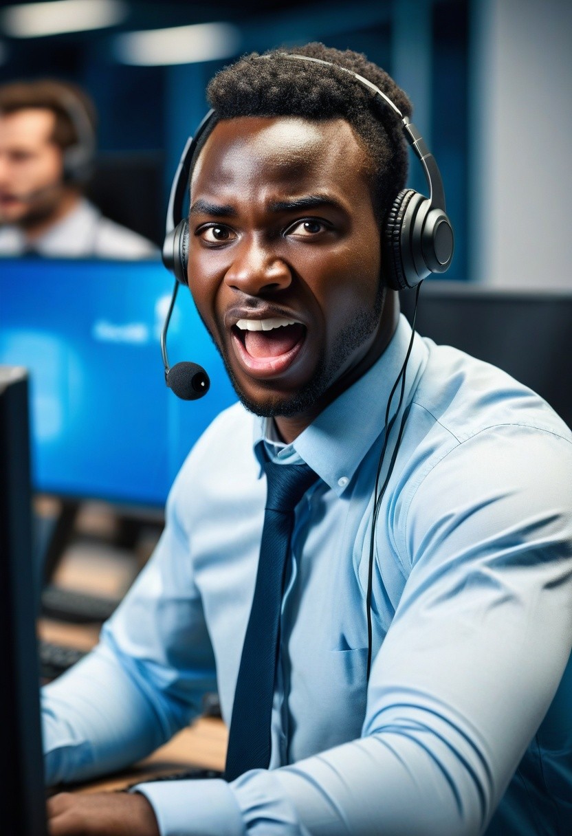 A call center agent taking a deep breath at their desk, demonstrating the importance of maintaining composure while handling customer inquiries