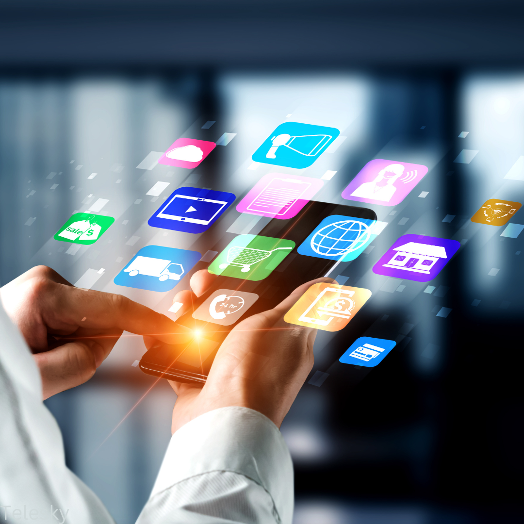 A man surrounded by various communication icons (phone, email, chat, social media) connected to a call center, illustrating the concept of using omnichannel strategies to interact with customer service.