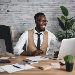 A motivated and happy employee smiling confidently at their desk, radiating positivity and engagement in a supportive work environment.